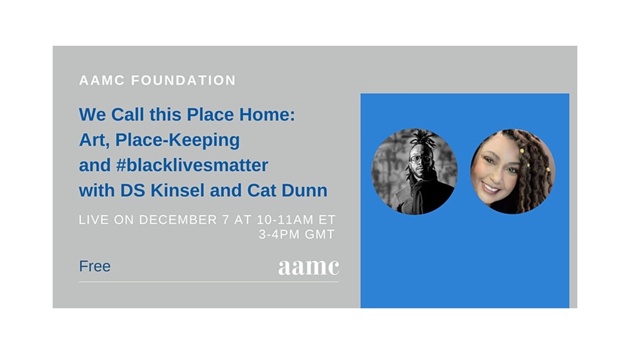 Grey and blue background withcircular photos of DK Kinsel and Cat Dunn the featured speakers