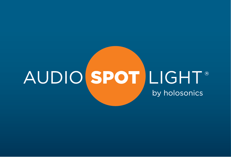 Logo reading "Audio Spotlight by Holosonics" with the word "spot" contained in an orange dot