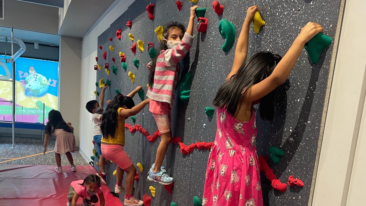 Children climbing a rock climbing wall