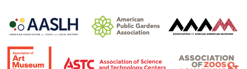 Logos: American Association for State and Local History (AASLH), American Public Garden Association, Association of African American Museums (AAAM), Association of Art Museum Directors, Association of Science and Technology Centers (ASTC), and Association of Zoos & Aquariums