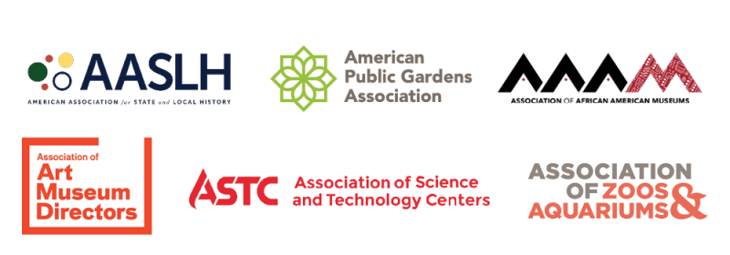 Logos: American Association for State and Local History (AASLH), American Public Garden Association, Association of African American Museums (AAAM), Association of Art Museum Directors, Association of Science and Technology Centers (ASTC), and Association of Zoos & Aquariums
