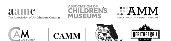 Logos: Association of Art Museum Curators (AAMC), Association of Children’s Museums, Association of Midwest Museums, California Association of Museums, Council of American Maritime Museums, Florida Association of Museums HeritageRail Alliance, Museum Association of New York (MANY), Museum Education Program at The George Washington University, Museum Trustee Association, New England Museum Association, New Jersey Association of Museums, and Oklahoma Museums Association