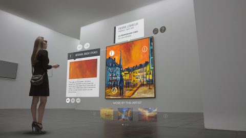 A museum visitor wearing digital glasses in front of a painting. We see virtual elements superimposed next to the painting, including interpretive labels, a search function, a question function, and a gallery of other works by the artist to peruse.