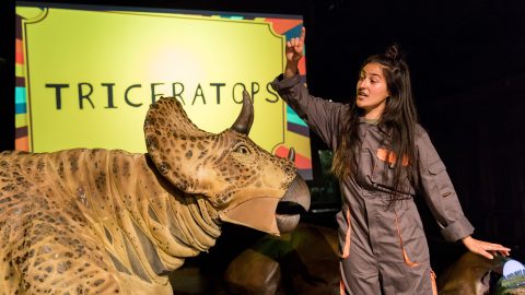 A performer wearing a jumpsuit gestures in front of a performer inside of a realistic dinosaur costume