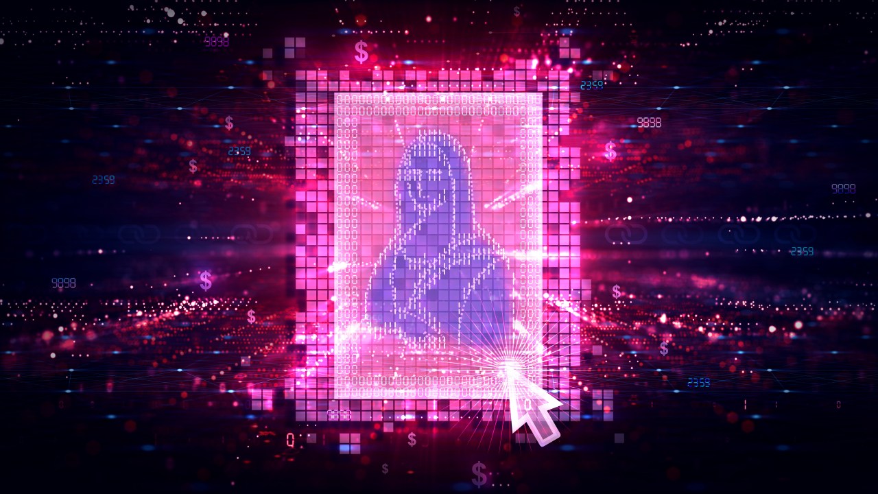 A graphic of a digitally rendered Mona Lisa with visible pixels and a cursor pointing at it