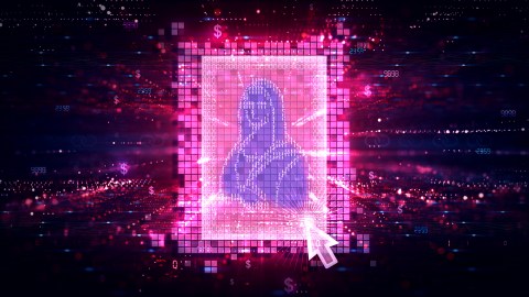 A graphic of a digitally rendered Mona Lisa with visible pixels and a cursor pointing at it