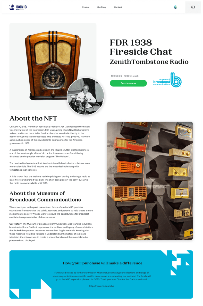 A display page for an NFT of an "FDR 1938 Fireside Chat ZenithTombstone Radio" with information about the object and the museum