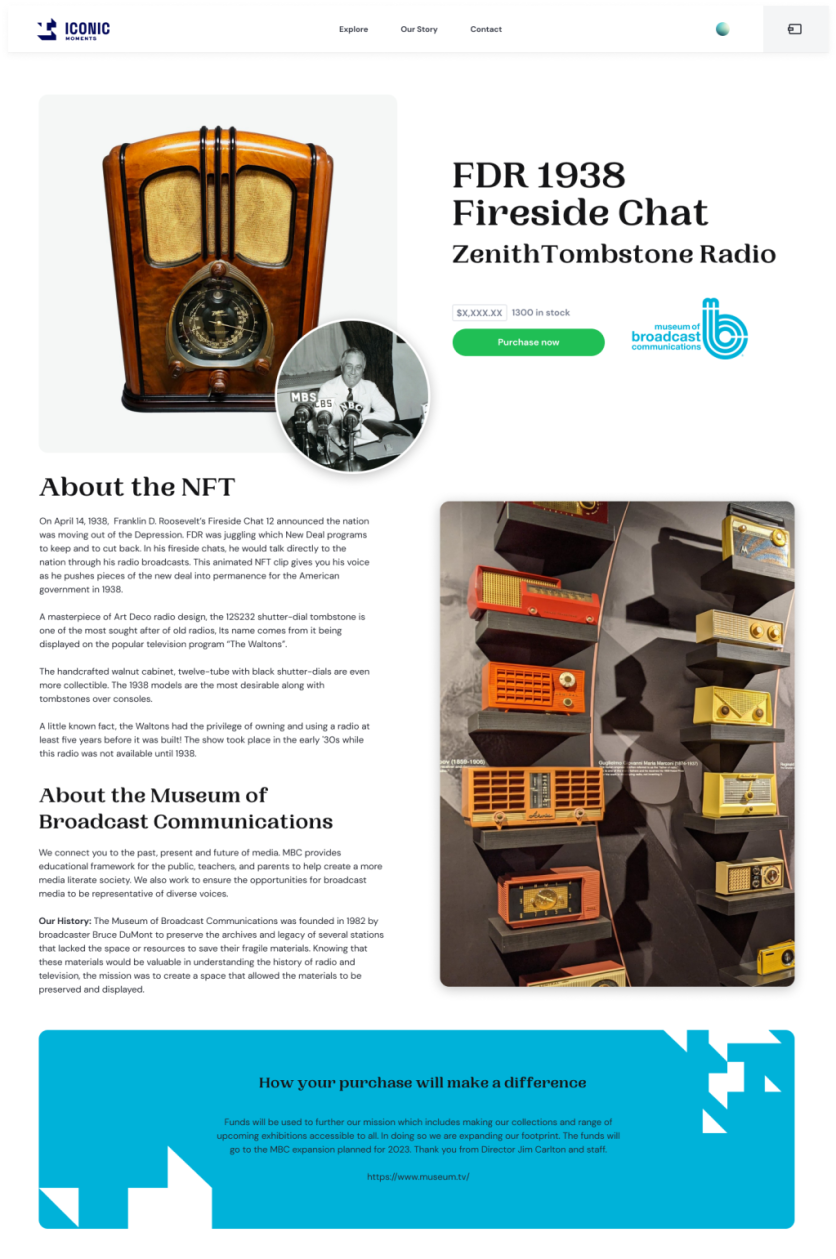 A display page for an NFT of an "FDR 1938 Fireside Chat ZenithTombstone Radio" with information about the object and the museum