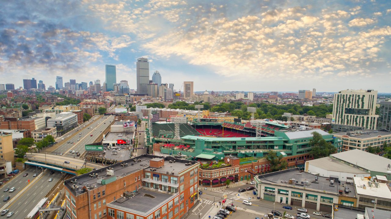 An aerial view of Boston with Fenway Park visible