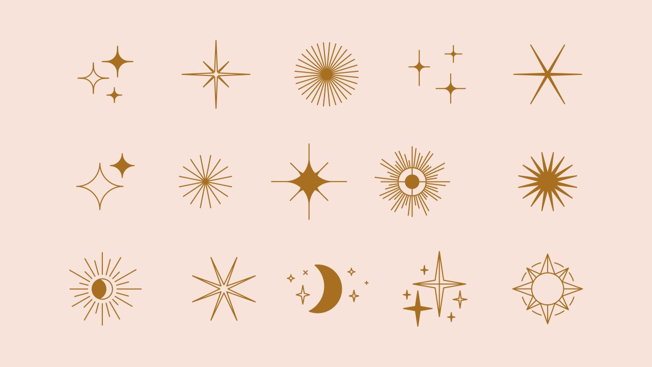 A graphic of celestial symbols drawn in red on a beige background