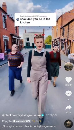 A screenshot of the Black Country Living Museum TikTok with people in 1940s women's period costume responding to a comment reading "shouldn't you be in the kitchen"