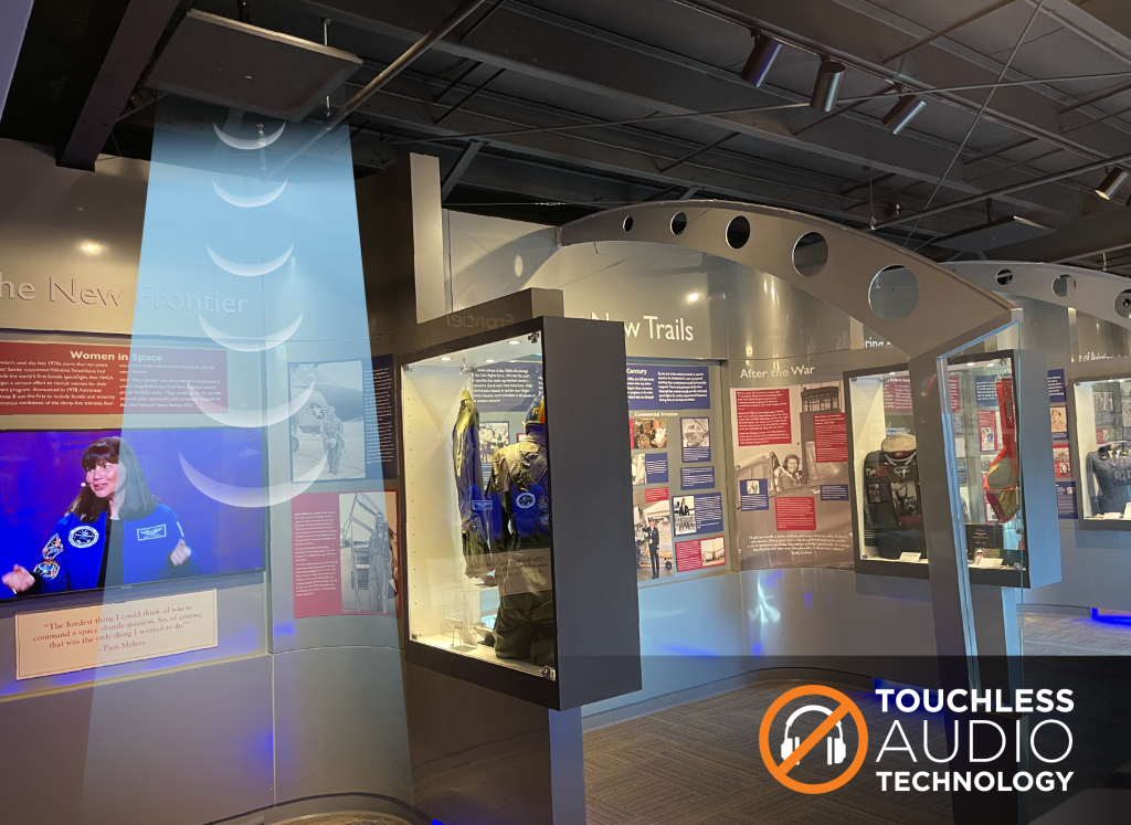 A museum gallery with a graphic of a blue-colored sound beam in front of a wall display and the words "Touchless Audio Technology"