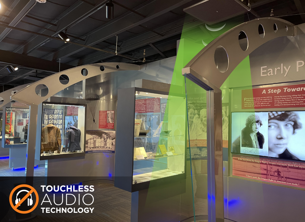 A museum gallery with a graphic of a green-colored sound beam in front of a video display and the words "Touchless Audio Technology"