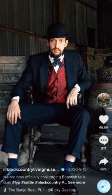 A TikTok screenshot from the Black Country Living Museum account of a person wearing period costume with the caption "We are now officially challenging Beamish to a duel"