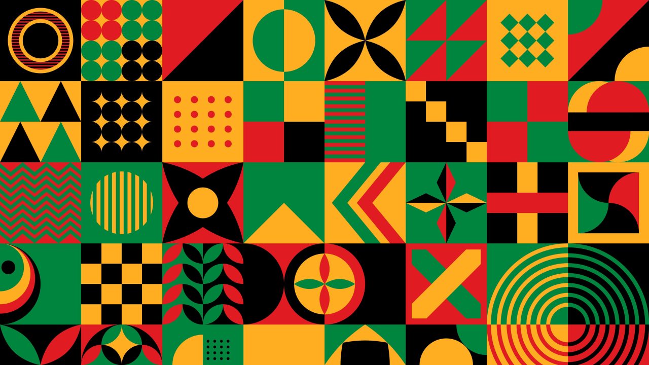 A banner of geometric shapes in the pan-African color palette of black, yellow, green, and red