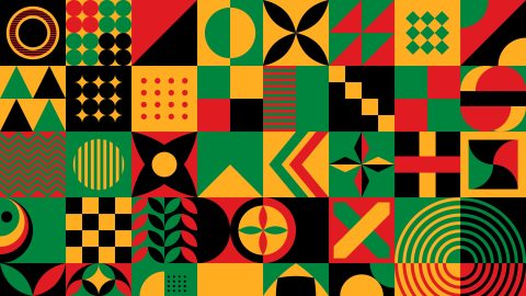 A banner of geometric shapes in the pan-African color palette of black, yellow, green, and red