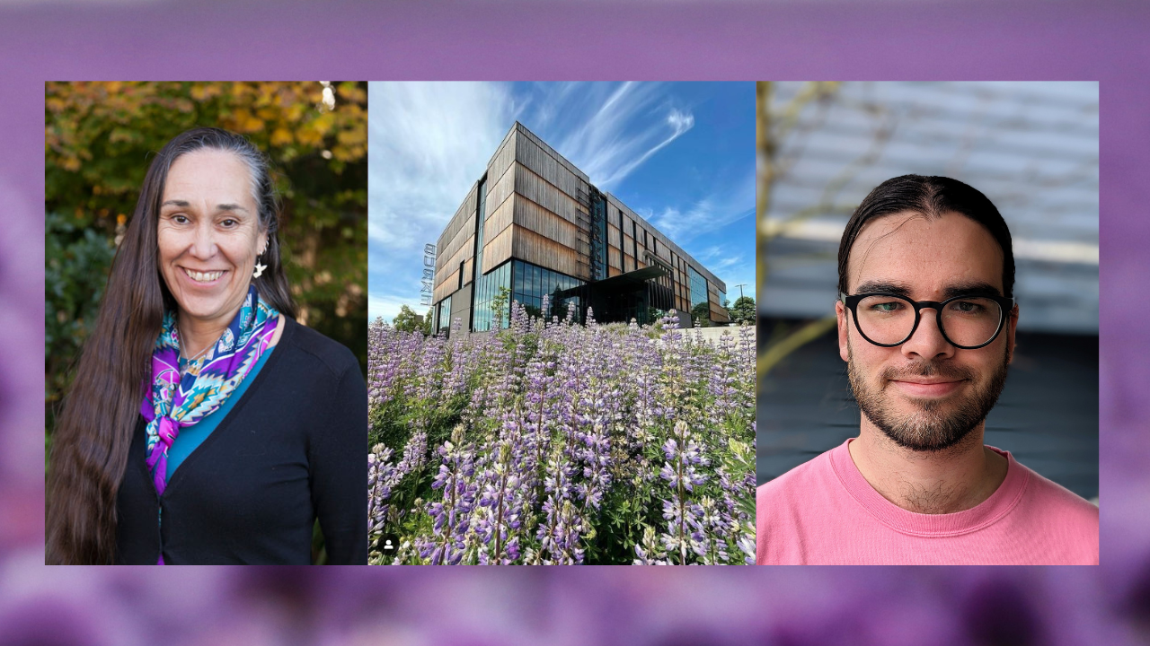 A grid of three photos: two headshots and an exterior shot of the Burke Museum with a field of purple flowers surrounding it
