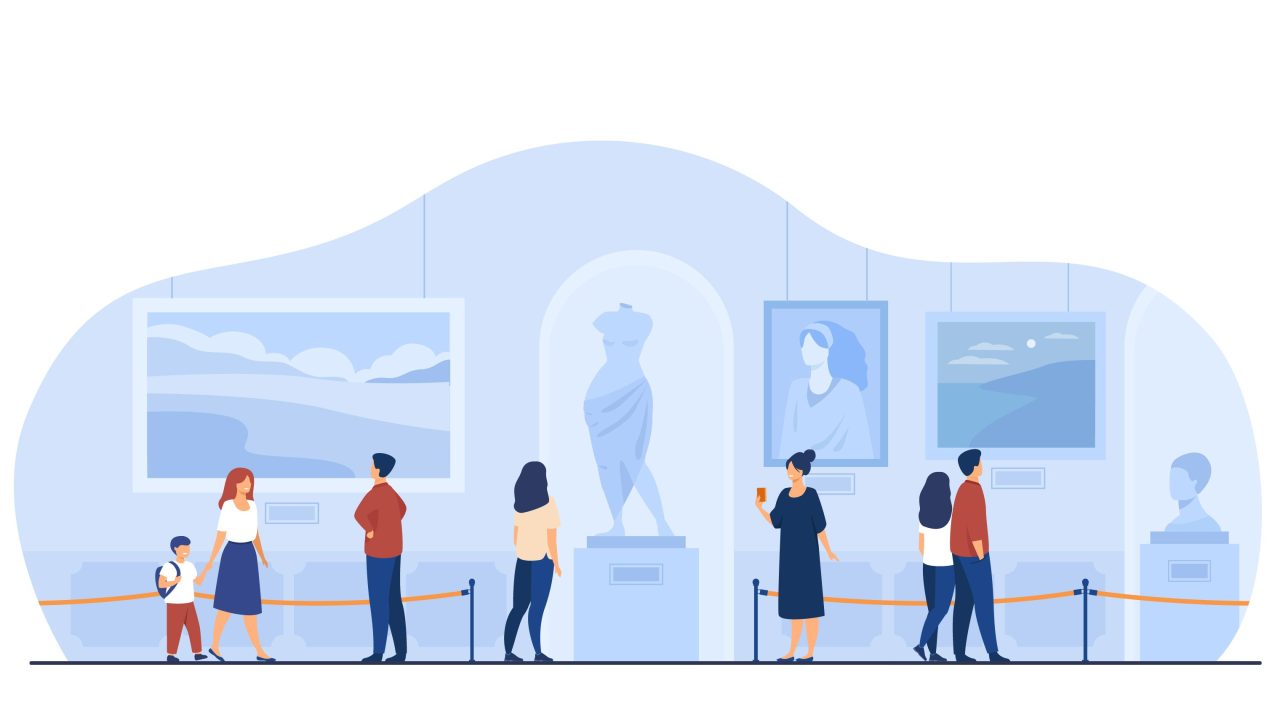 An illustration of visitors in an art museum