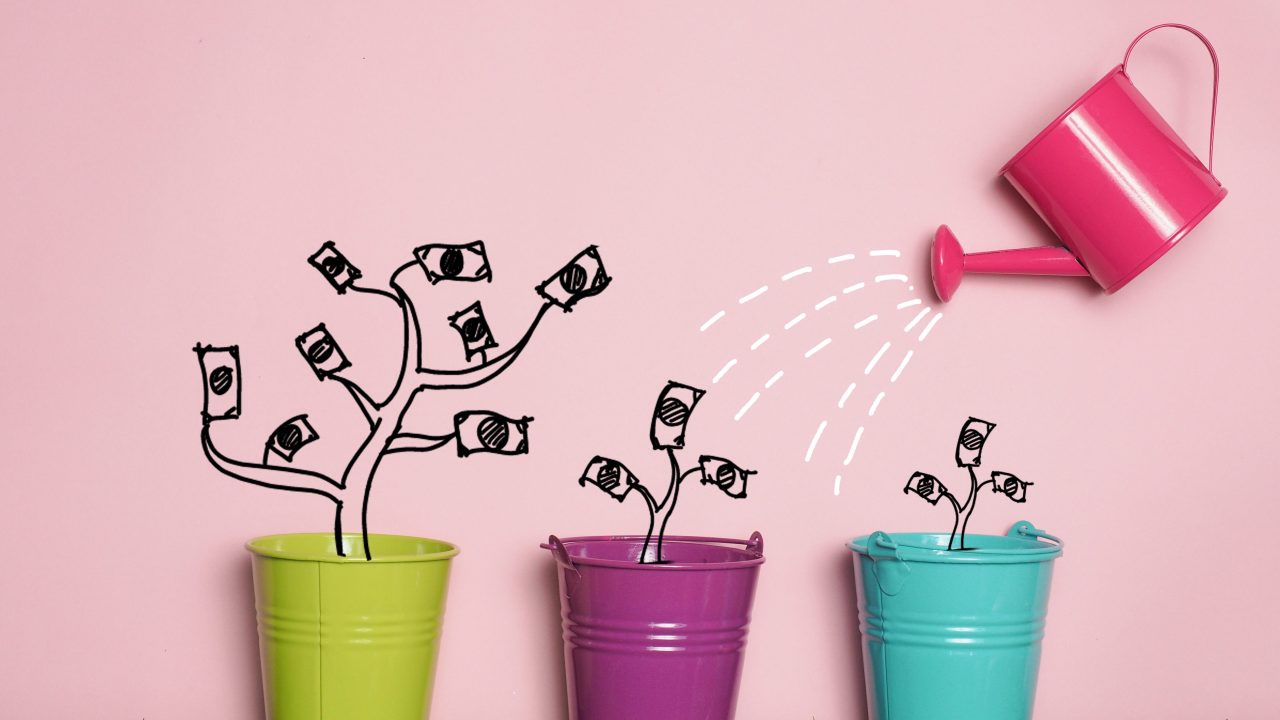 A watering can hovering over plant pots with illustrations of small money trees growing out of them