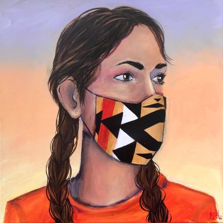 A drawing of a young person with long hair in pigtails wearing an orange t-shirt and a face mask in a Native textile, with a gradient background.