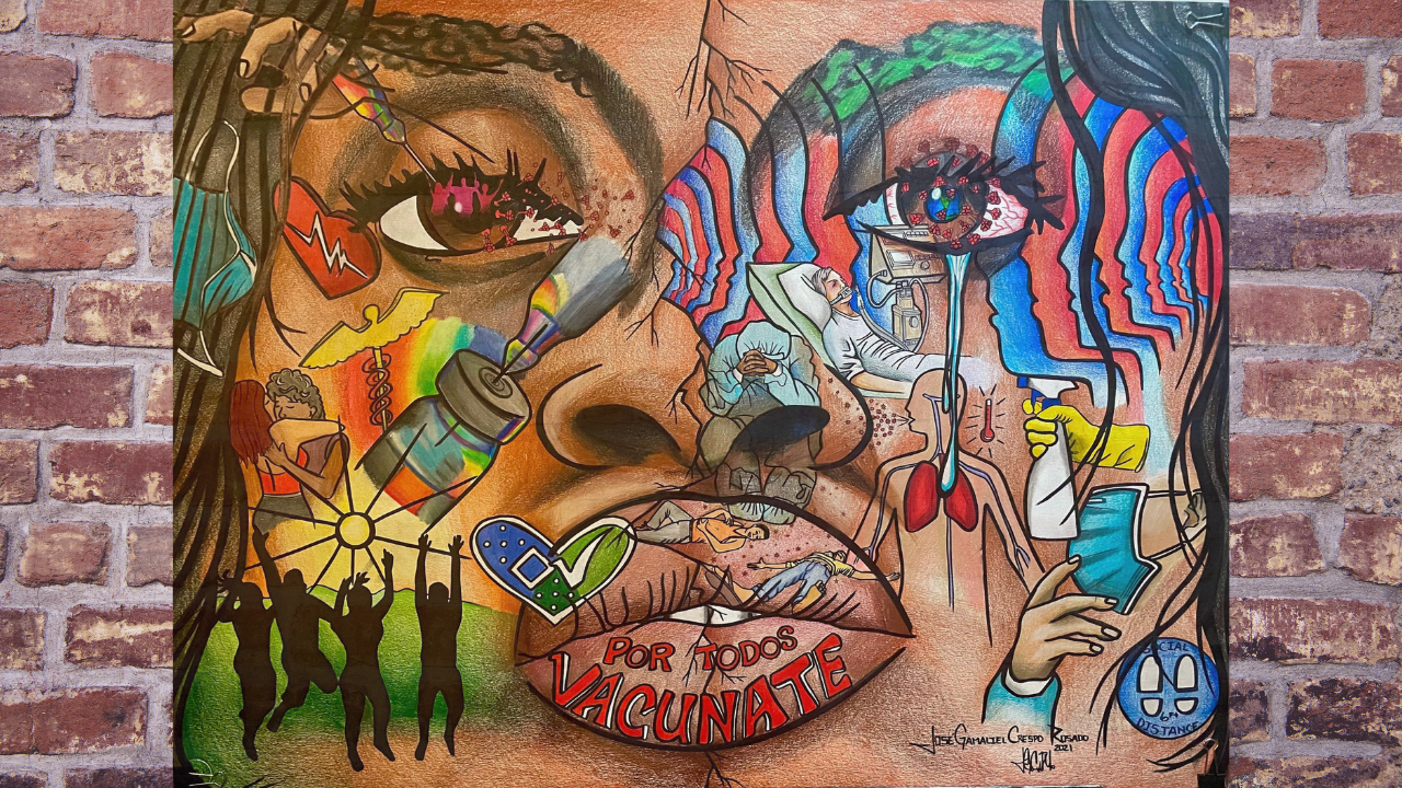 A drawing of a brown-skinned person's face with vignettes superimposed on it depicting healthcare workers, vaccines, and people rejoicing.