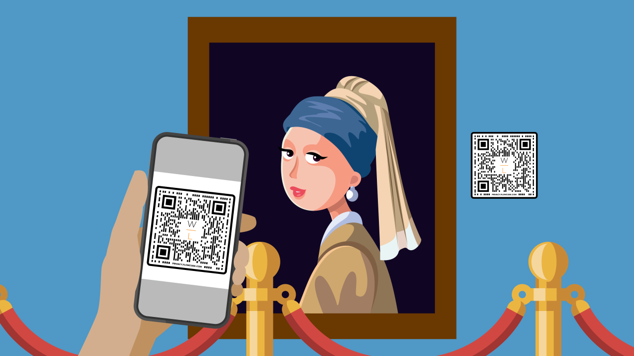 An illustration of a visitor pointing a smartphone at a QR code next to the Girl with a Pearl Earring
