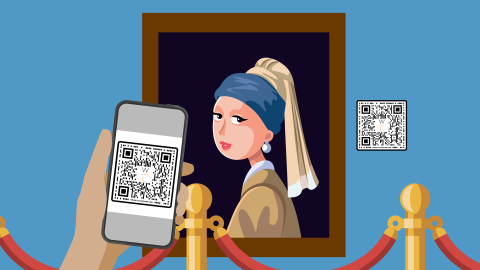 An illustration of a visitor pointing a smartphone at a QR code next to the Girl with a Pearl Earring