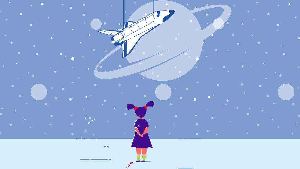 An illustration of a child looking at a space-themed display with an aircraft