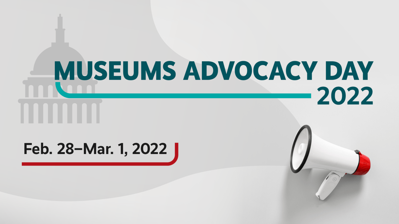 A graphic reading "Museums Advocacy Day 2022, Feb 28-Mar 1, 2022" with an image of the Capitol building and a megaphone