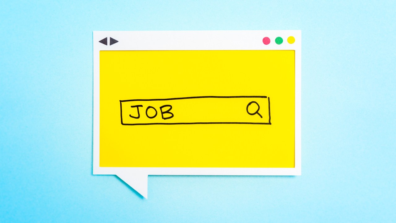 A chat bubble with a drawing of a search bar with "Job" handwritten inside it