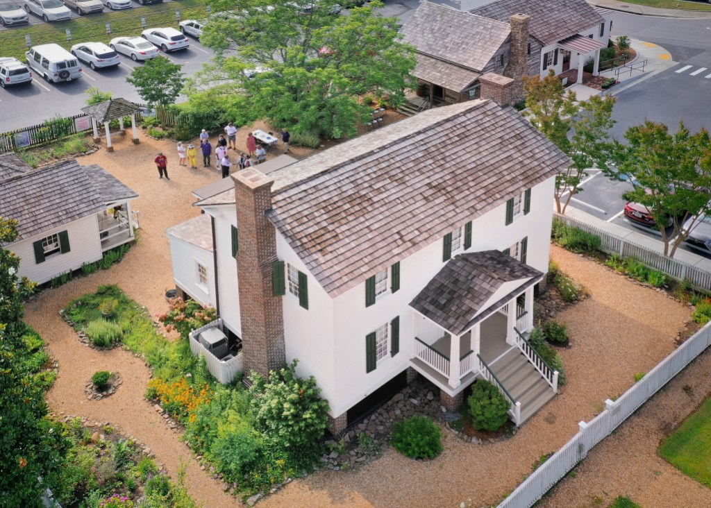 Exterior view of a historic house from above