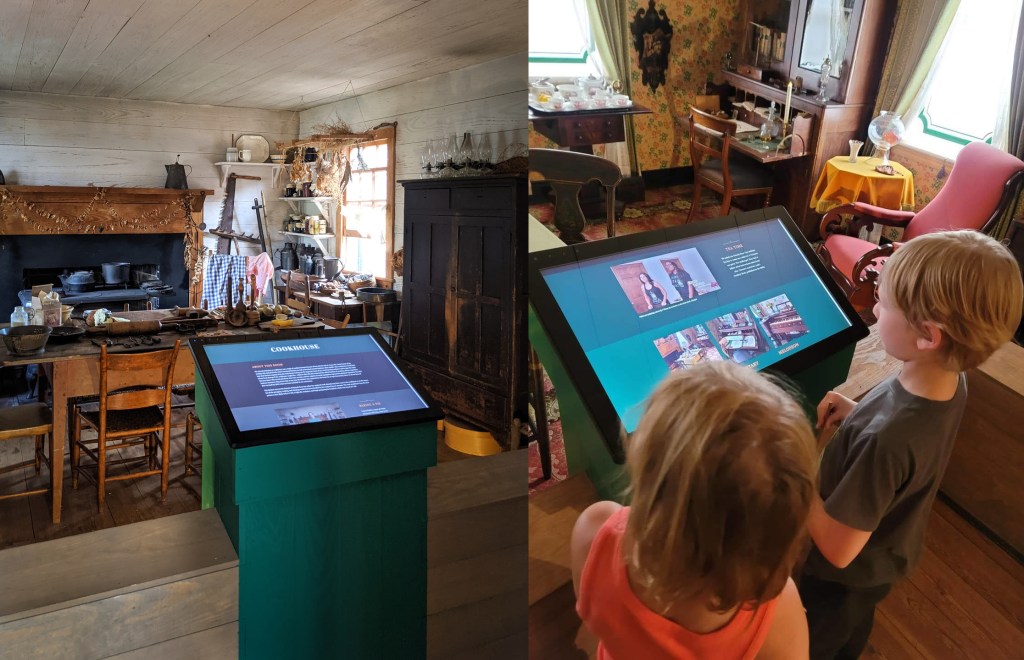 A side-by-side of a touchscreen interactive in front of a historic interior and children using the touchsreen