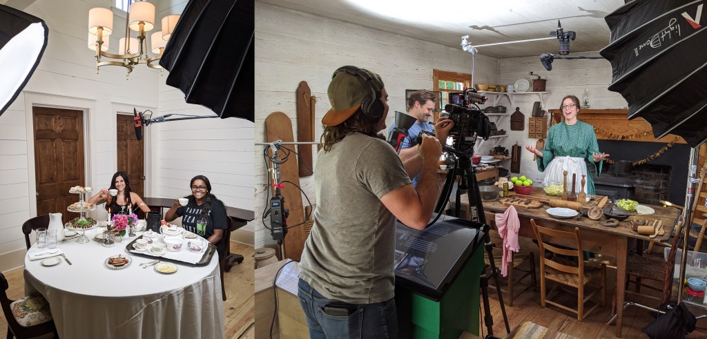 Side-by-side photos of a film crew recording people talking inside historic interior spaces