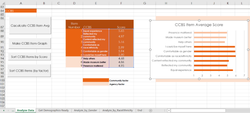 An excel sheet showing data from the belonging survey