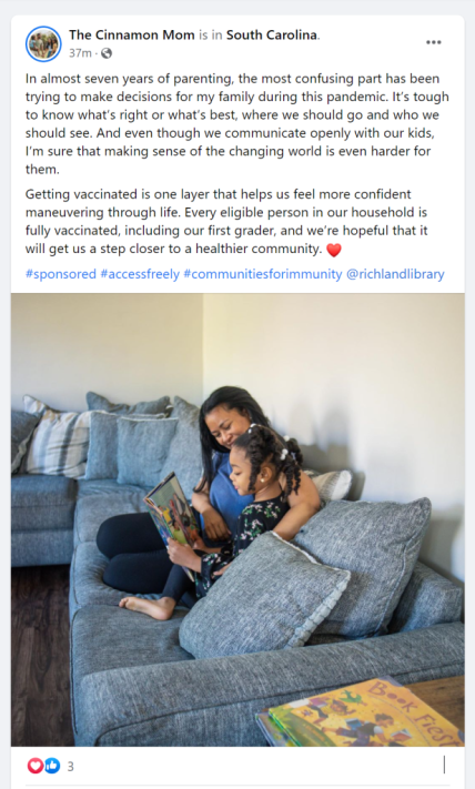 A sponsored Facebook post from The Cinnamon Mom with a caption about why everyone in her family got vaccinated with a photo of her reading to one of her children
