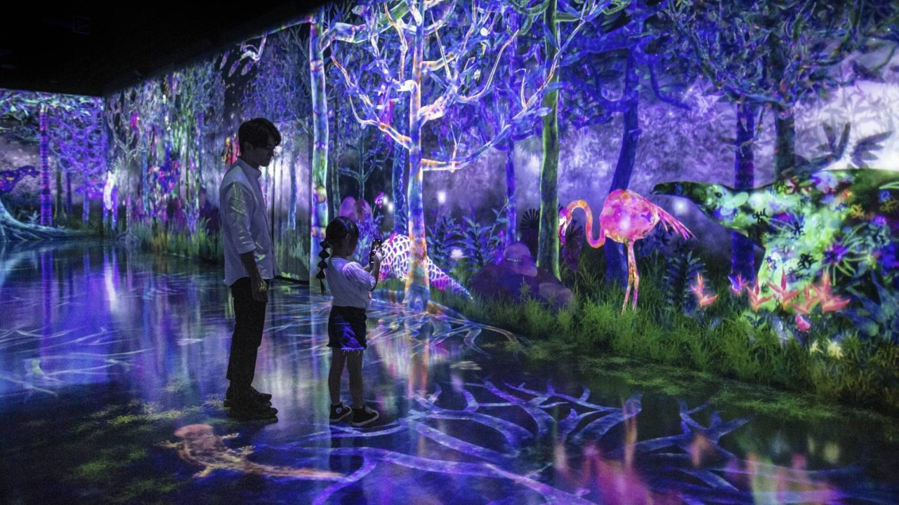 An adult and child standing in a digitally projected rendering of a forest