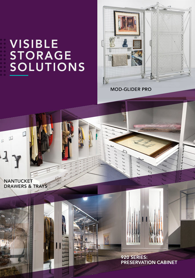 A graphic titled "visible storage solutions" with images of a rack system called the Mod-Glider Pro, a drawer system called the Nantucket Drawers & Trays, and a cabinet system called the 920 Series: Preservation Cabinet
