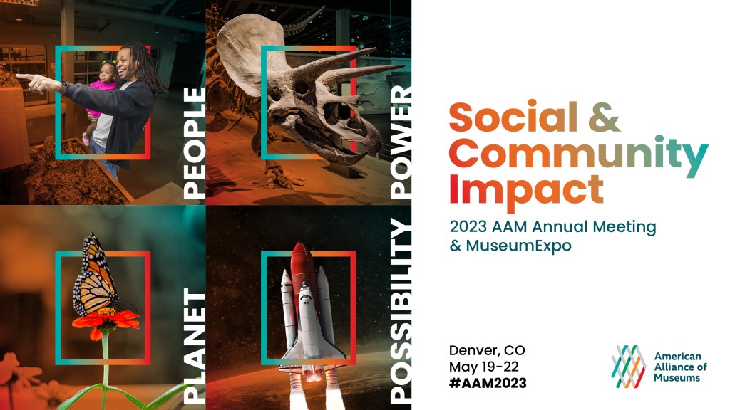 A graphic advertising the 2023 Annual Meeting & MuseumExpo, with images representing the four tracks of people, planet, power, and possibility