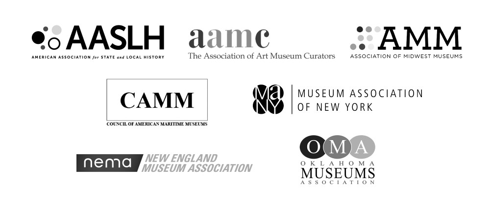 Logos: American Association for State and Local History (AASLH), The Association of Art Museum Curators (AAMC), Association of Midwest Museums (AMM), Council of American Maritime Museums (CAMM), Museum Association of New York (MANY), New England Museums Association (NEMA), Oklahoma Museums Association (OMA)