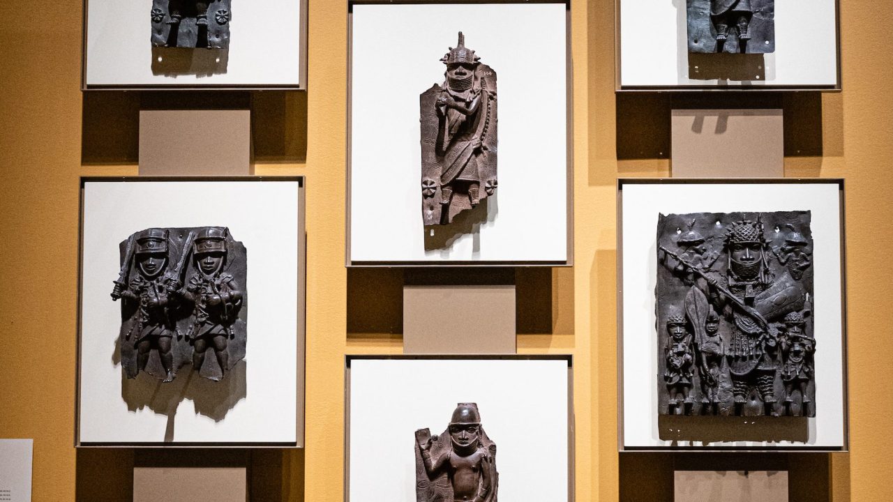 Bronze relief sculptures on display