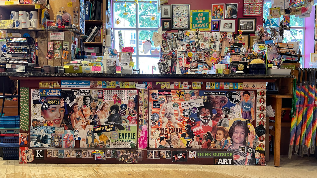 A store counter covered in stickers