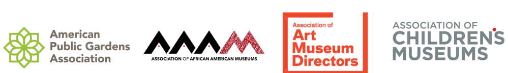Logos: American Public Gardens Association, Association of African American Museums (AAAM), Association of Art Museum Directors (AAMD), Association of Children’s Museums (ACM), Association of Science and Technology Centers (ASTC), Association of Zoos and Aquariums (AZA), Fly Fish