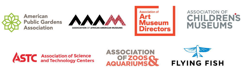 Logos: American Public Gardens Association, Association of African American Museums (AAAM), Association of Art Museum Directors (AAMD), Association of Children’s Museums (ACM), Association of Science and Technology Centers (ASTC), Association of Zoos and Aquariums (AZA), Fly Fish