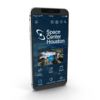 A cellphone standing in a white space with the Space Center Houston website on its screen. 