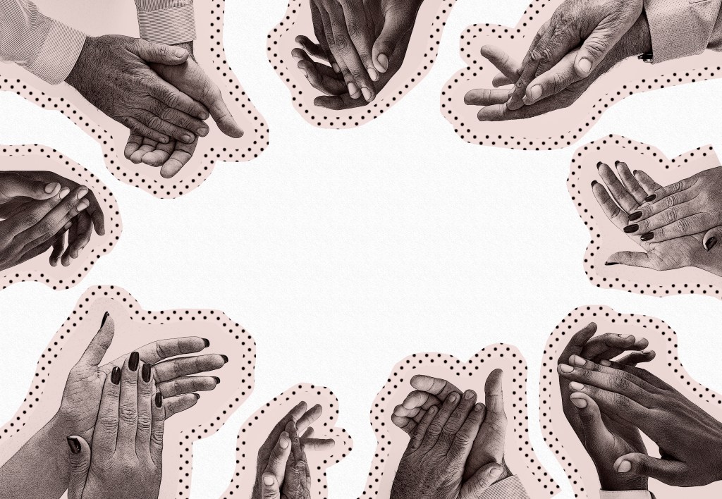 A graphic with a circle of hands in an applause motion