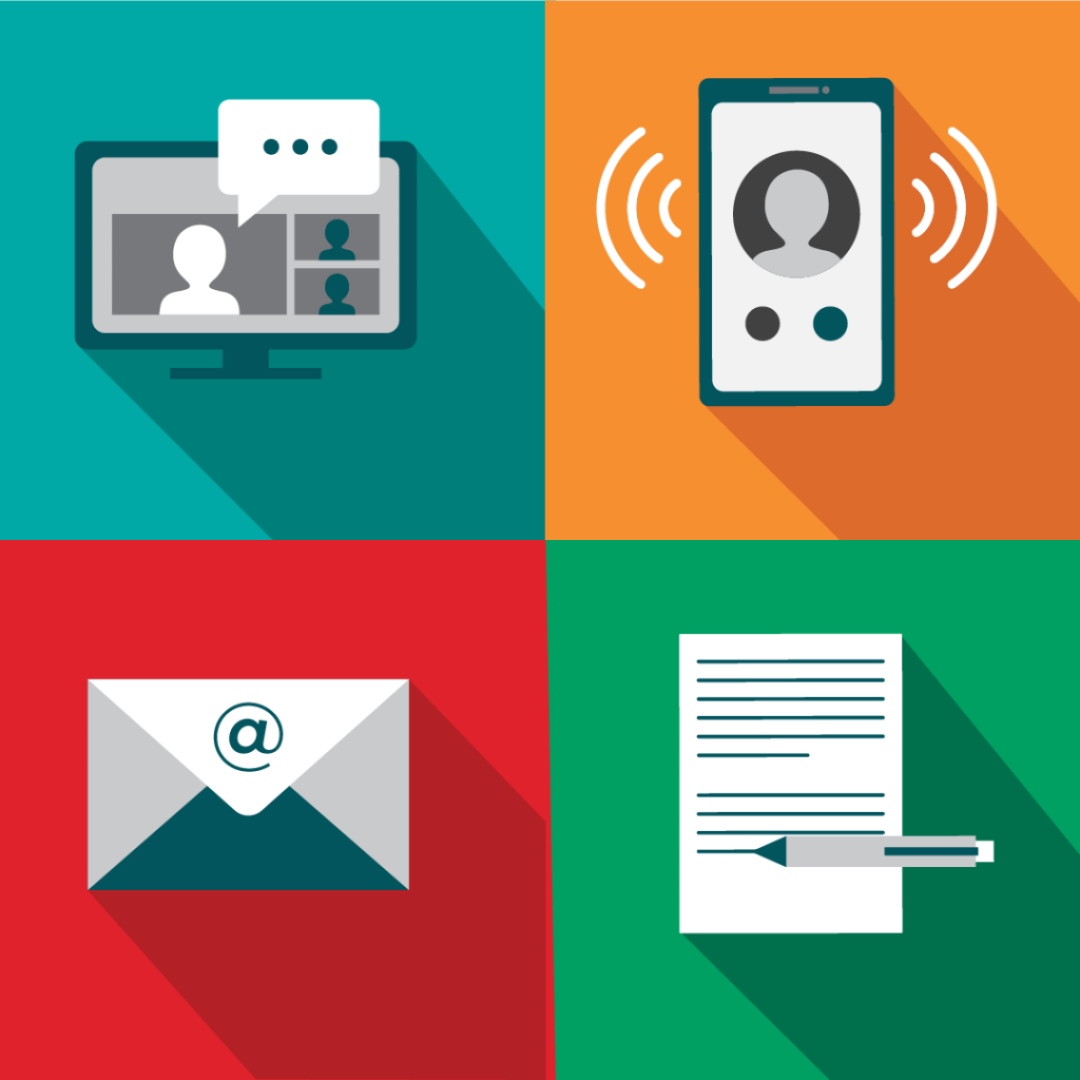 graphic that illustrates a virtual call, phone call, email, and letter