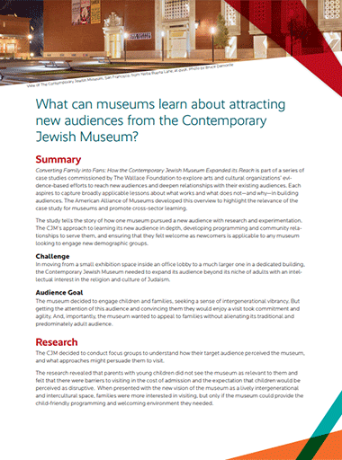 Cover of fact sheet, "What can museums learn about attracting new audiences from the Contemporary Jewish Museum"