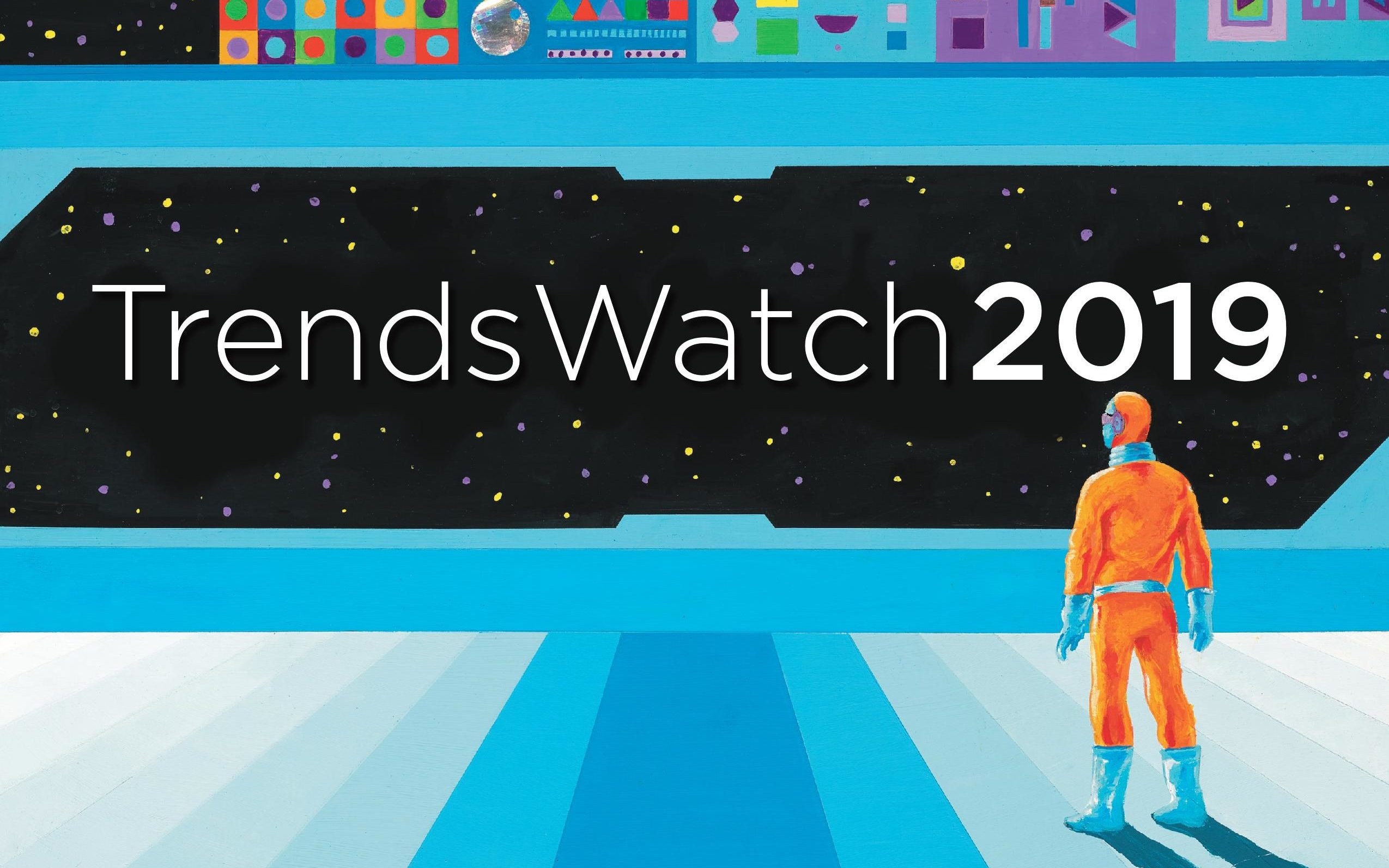 In the cover art for the 2019 edition of TrendsWatch, a figure in futuristic dress looks out into a view of space with a console consisting of abstract shapes above it.