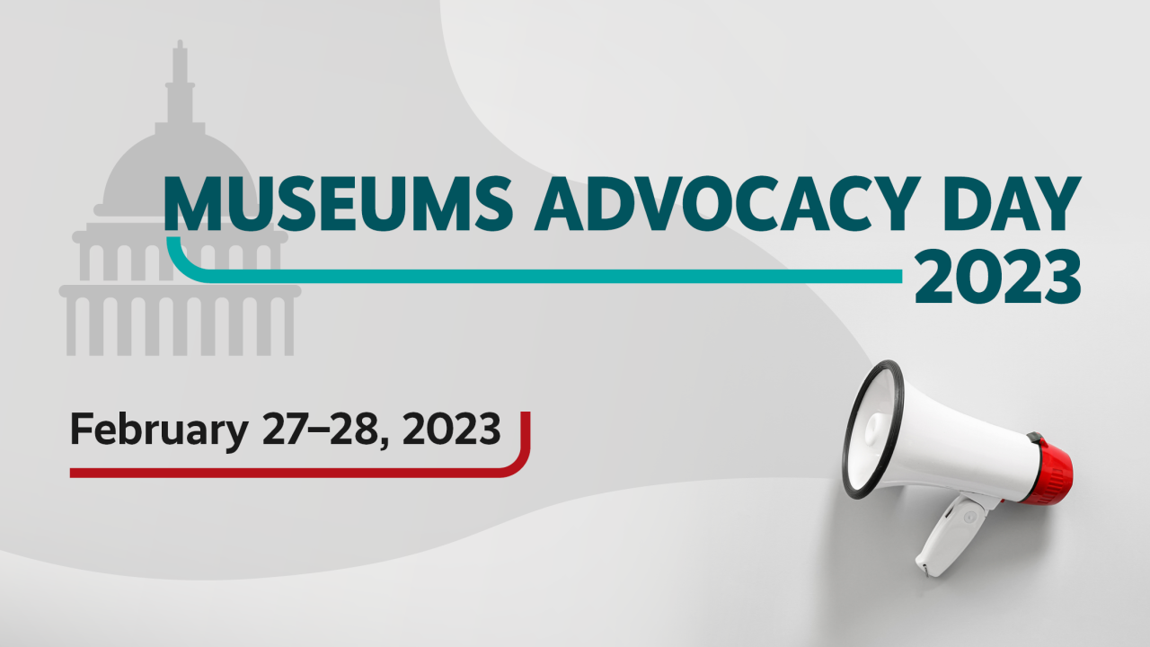Graphic of the capitol building and a megaphone that reads "Museums Advocacy Day 2023"