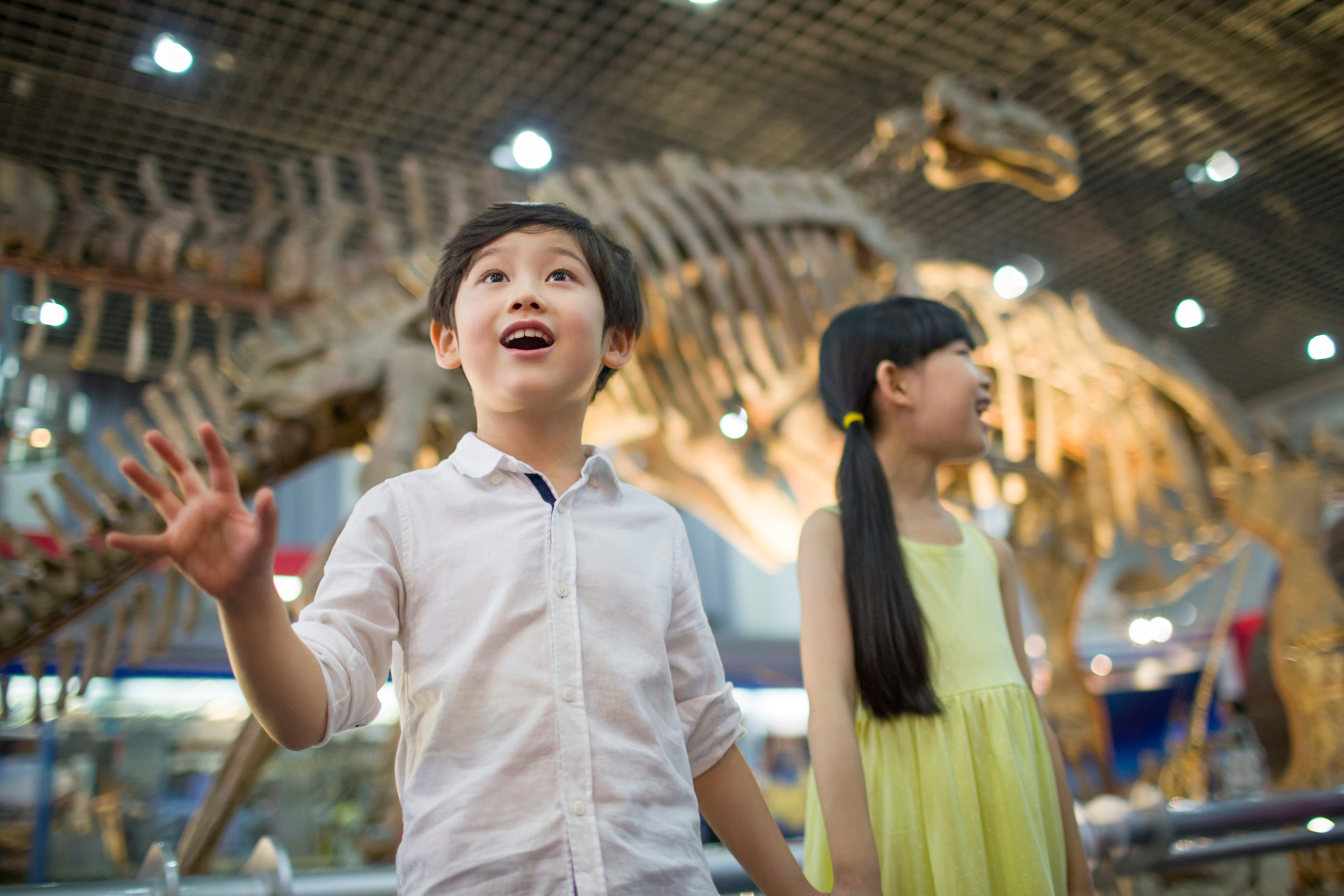 two children looking amazed in front of a dinosaur exhibit